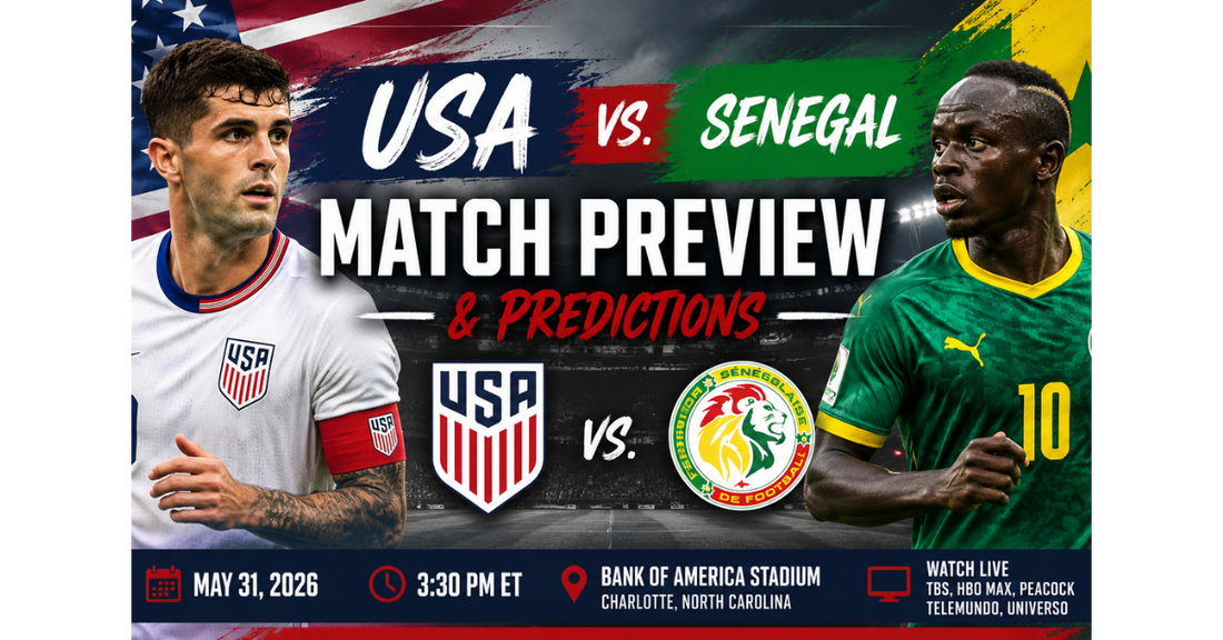 USA vs Senegal match preview graphic for the USMNT international friendly, including lineup predictions and keys to victory before the 2026 FIFA World Cup.